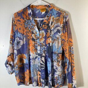 Womens Ruby Rd Floral Button V Neck Blouse Orange Purple PL Rayon Polyester Roll